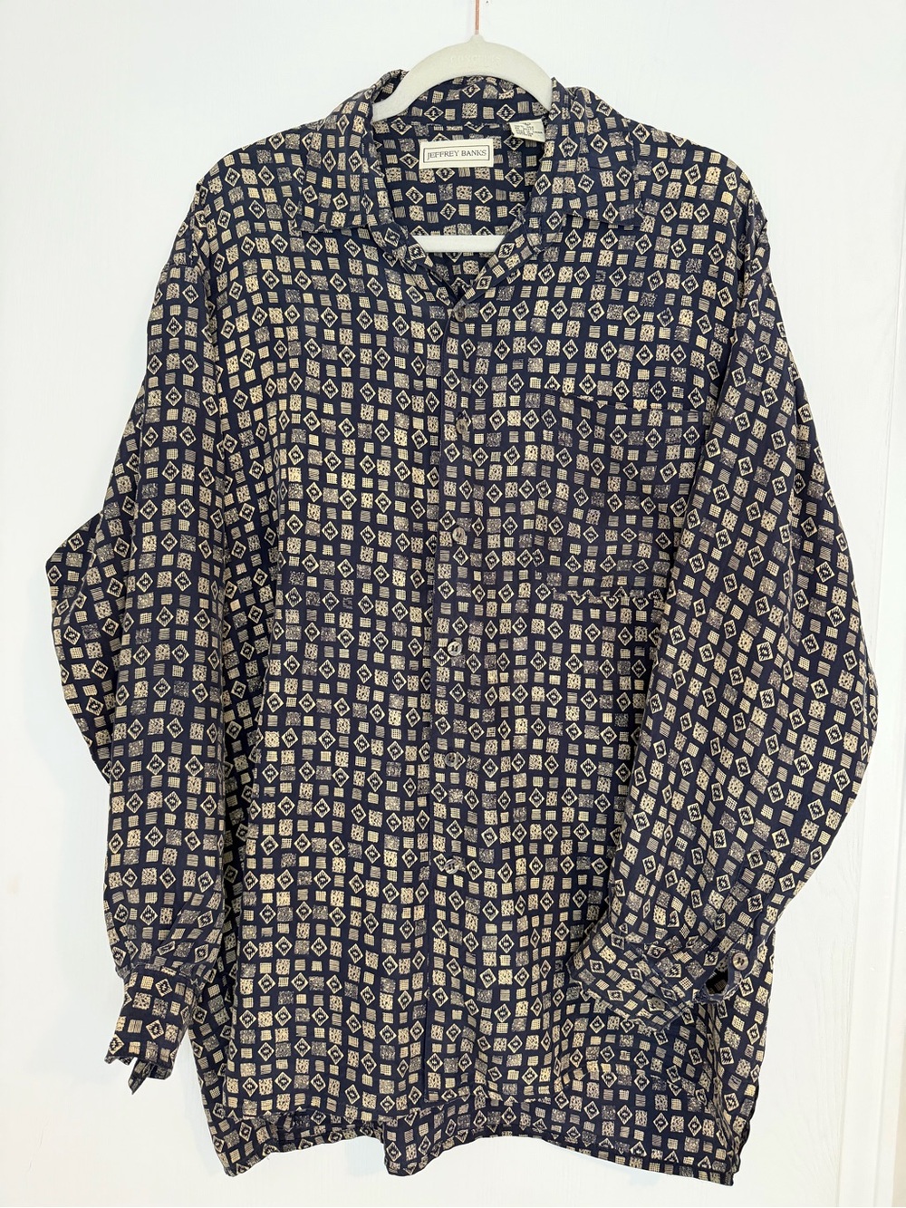 Jeffrey Banks Navy Geometric Print Button-Down Shirt 100% Silk, Sz L, 90s VTG